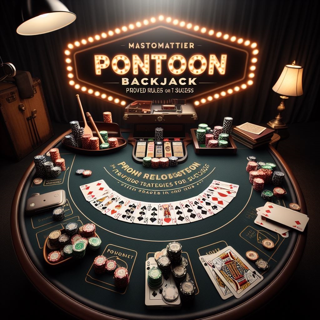 Pontoon Blackjack, table with cards and chips, representing the excitement of the game.