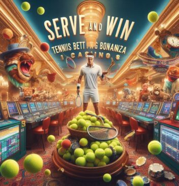 An image Serve and Win depicting a tennis court with betting odds displayed on the screen, representing the excitement and strategy of tennis betting in casinos.