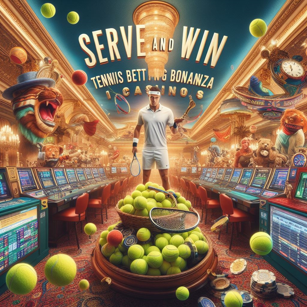 An image Serve and Win depicting a tennis court with betting odds displayed on the screen, representing the excitement and strategy of tennis betting in casinos.